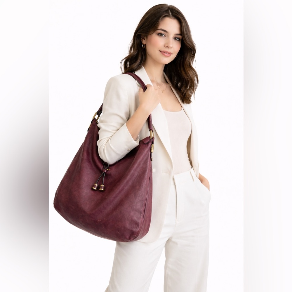 Joelle Hawkens Burgundy Leather Slouchy Hobo Shoulder Bag Soft Leather Boho Chic